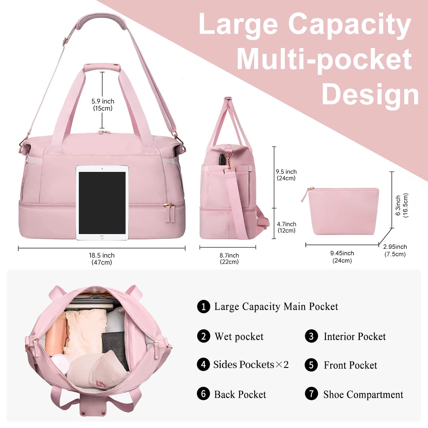 Travel Duffel Bag for Women Gym Bag with USB Charging Port Large Weekender Overnight Bag Yoga Duffle Bags with Wet Pocket and Shoes Compartment, Pink