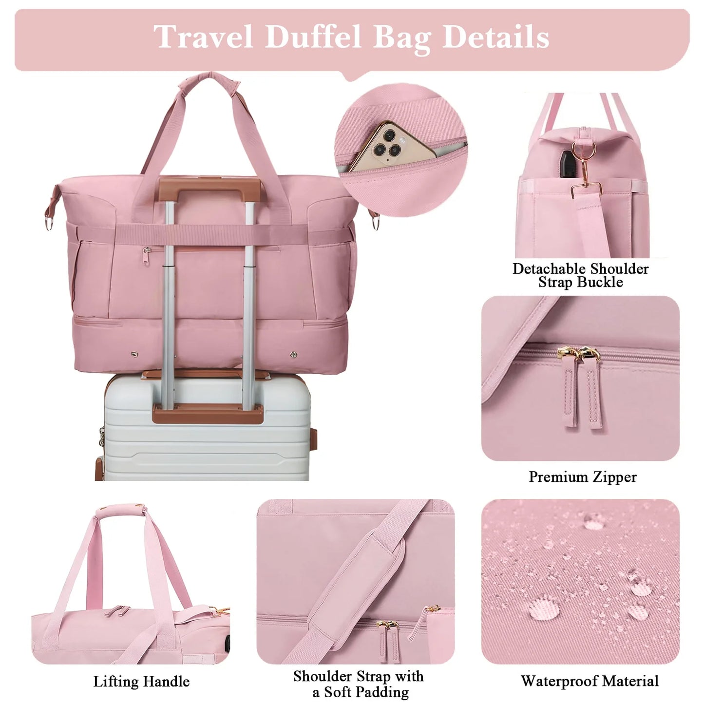 Travel Duffel Bag for Women Gym Bag with USB Charging Port Large Weekender Overnight Bag Yoga Duffle Bags with Wet Pocket and Shoes Compartment, Pink