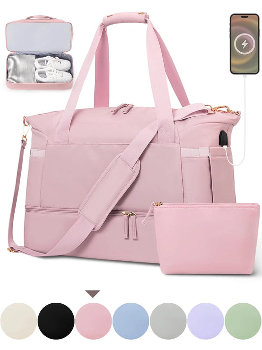 Travel Duffel Bag for Women Gym Bag with USB Charging Port Large Weekender Overnight Bag Yoga Duffle Bags with Wet Pocket and Shoes Compartment, Pink